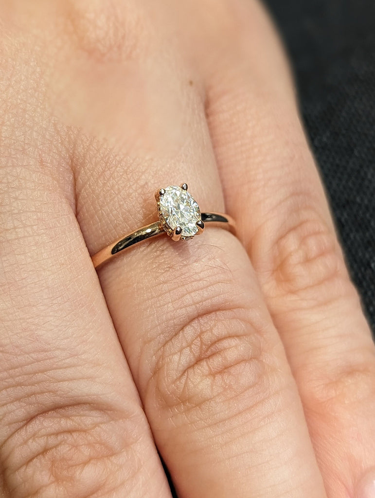 0.5ct Oval Crush Ice Moissanite Solitaire Promise Ring | 14K Rose Gold Diamond Hidden Halo Engagement Ring | Unique Wedding Anniversary Ring