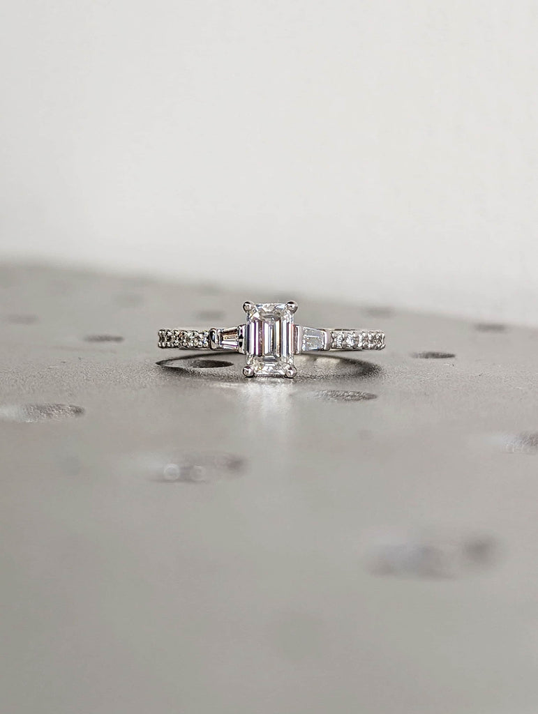 0.5ct Emerald cut Moissanite Engagement Ring 14K White Gold Baguette Diamond Band