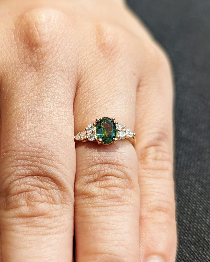 Blue Green sapphire ring. Peacock engagement ring. Oval Teal sapphire ring. 14k rose gold engagement ring. Cluster diamond ring. Art deco.