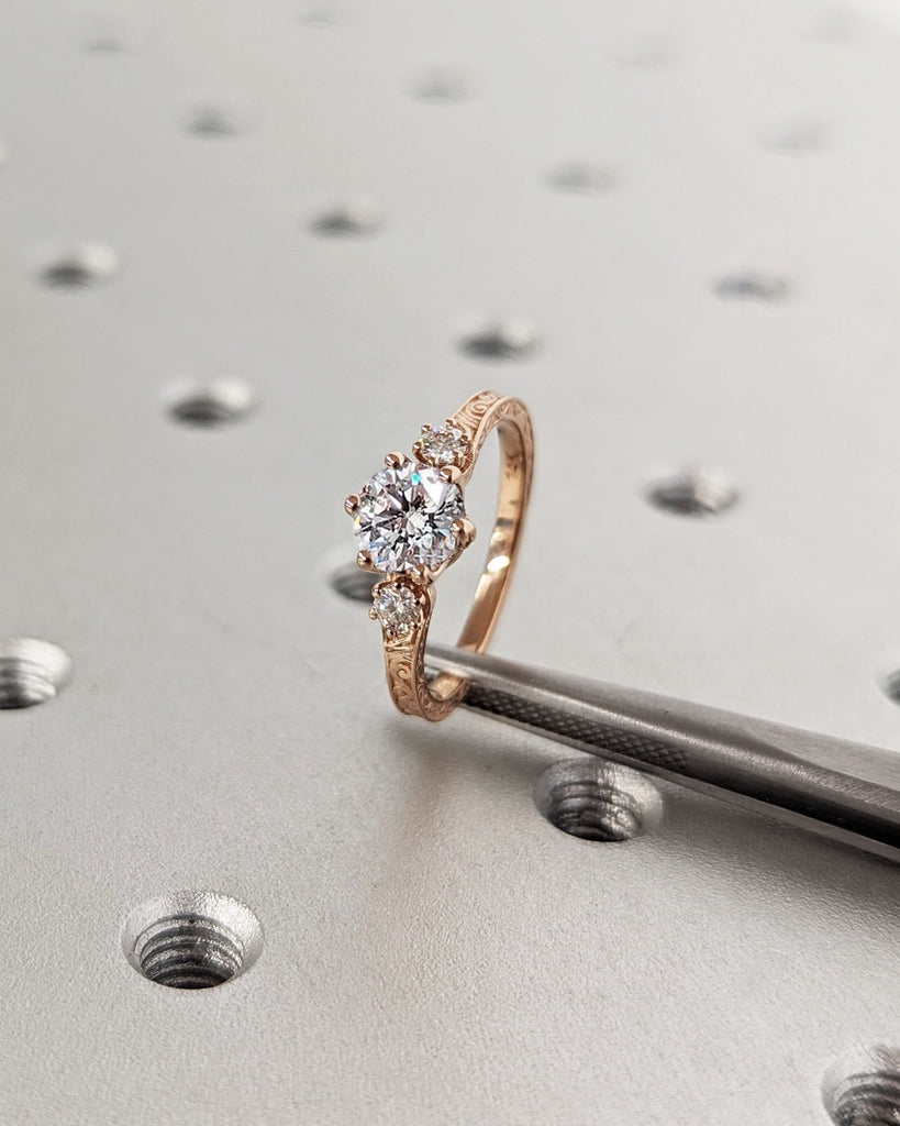 0.75ct Lab Grown Diamond 14k Rose Gold Moissanite Diamonds Dainty Round 3 Stone Engagement Ring, Cluster Ring, Filigree Wedding Band, Carved