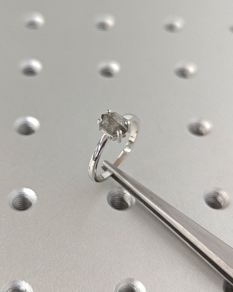 Raw Diamond Hexagon Diamond, Salt and Pepper, Unique Engagement Ring, Geometric Diamond Ring, 14k Gold, Custom Handmade, Classic Solitaire
