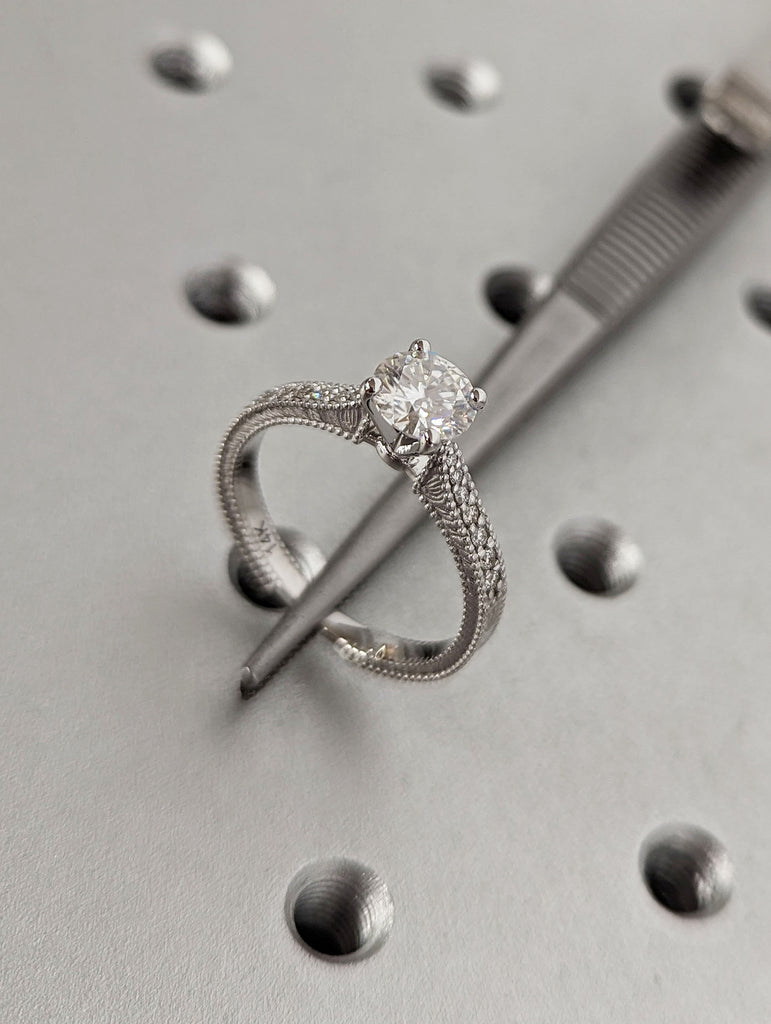 1ct Round Moissanite Nature Inspired Engagement Ring 14K White Gold Milgrain Engraving Leaf Motifs