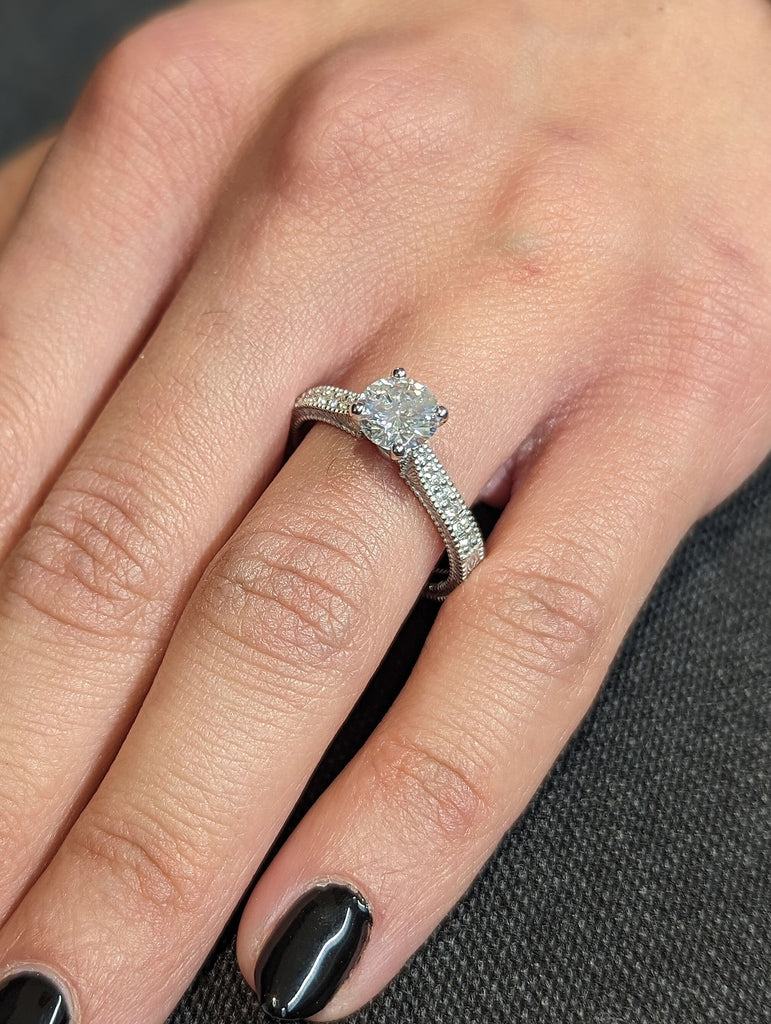 1ct Round Moissanite Nature Inspired Proposal Ring 14K White Gold Milgrain Engraving Leaf Motifs