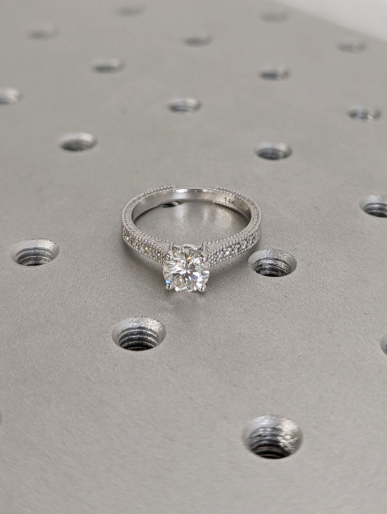 1ct Round Moissanite Vintage Engagement Ring 14K White Gold Milgrain Engraving Leaf Motifs