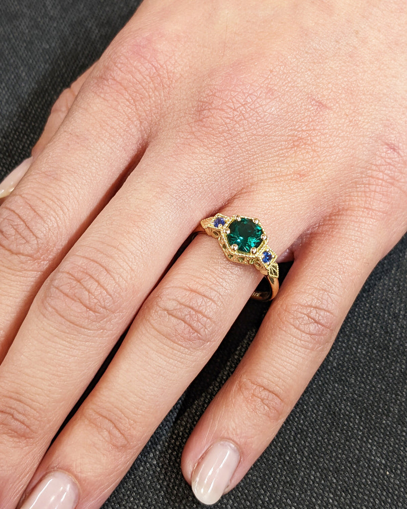 Emerald Ring Vintage Emerald Engagement Ring 18K Gold Ring Gift Unique Antique Wedding Promise Anniversary Ring For Her Birthstone Sapphire