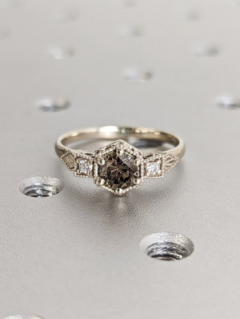 Champagne Diamond, Round Diamond Ring, Round Champagne Diamond Ring, Round Cut Brown Diamond Ring, Champagne Diamond Ring For Her, Milgrain