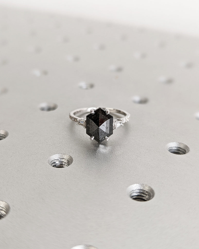 Raw Diamond Hexagon Diamond, Salt and Pepper, Unique Engagement Ring, Tapered Baguette Geometric Diamond Ring, Custom Handmade, Art Deco