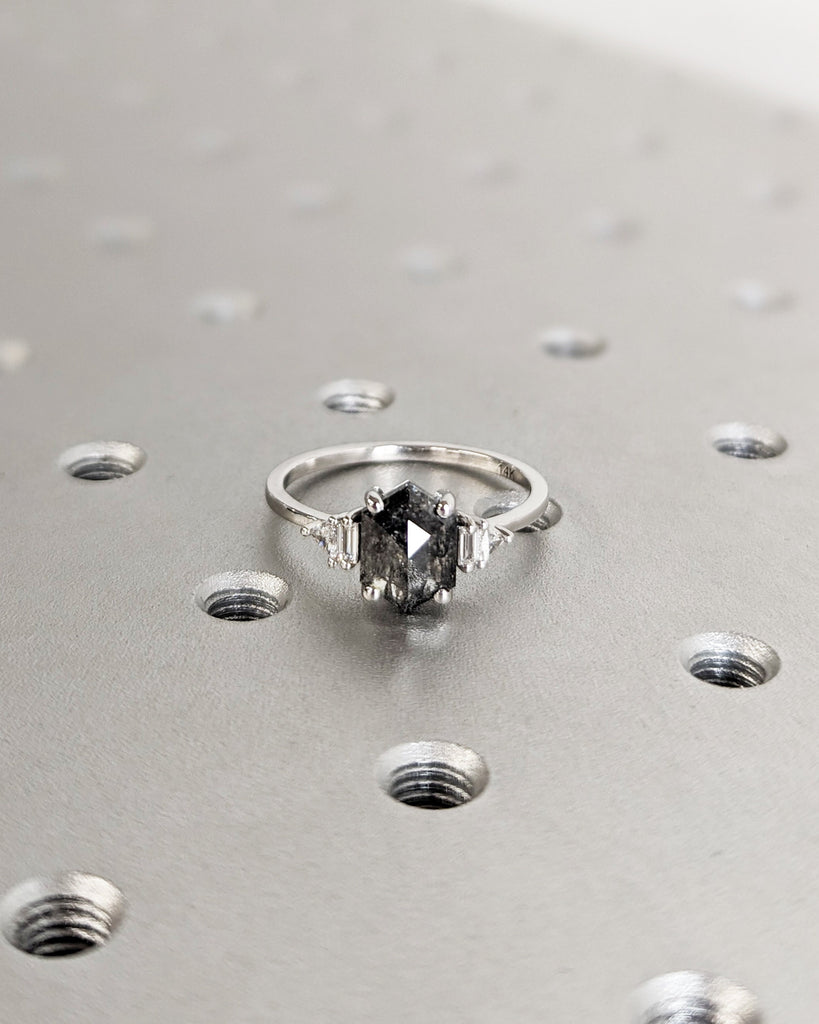 Raw Diamond Hexagon Diamond, Salt and Pepper, Unique Bridal Engagement, Triangle Baguette Cut Geometric Ring, Custom Handmade, Moissanite