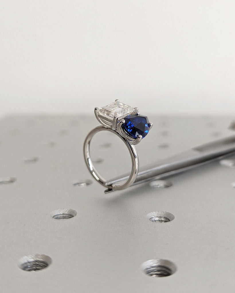 Trellis Double Stone Engagement Ring Pear Cut Blue Sapphire and Emerald Cut Lab Diamond Two Stone Wedding Ring 14K Real Gold Toi Et Moi Ring