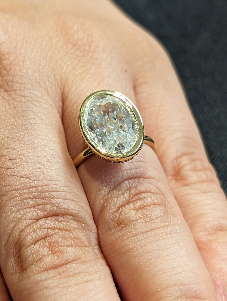 4ct Oval Crush Ice Lab Diamond Solitaire 14K Yellow Gold Diamond Hidden Halo Wedding Anniversary Ring