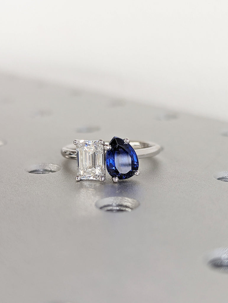 1 Carat Double Stone Engagement Ring Pear Cut Blue Sapphire and Emerald Cut Moissanite Two Stone Wedding Ring 14K Solid Gold Toi Et Moi Ring