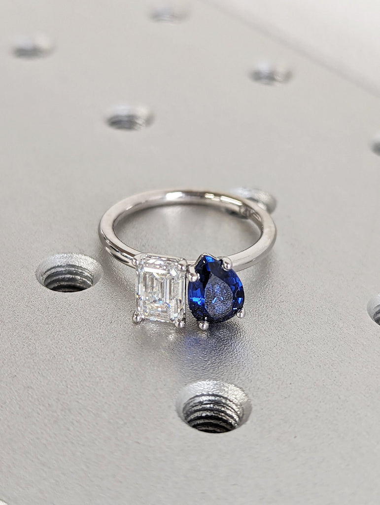 1 Carat Double Stone Engagement Ring Pear Cut Blue Sapphire and Emerald Cut Lab Diamond Two Stone Wedding Ring 14K Real Gold Toi Et Moi Ring