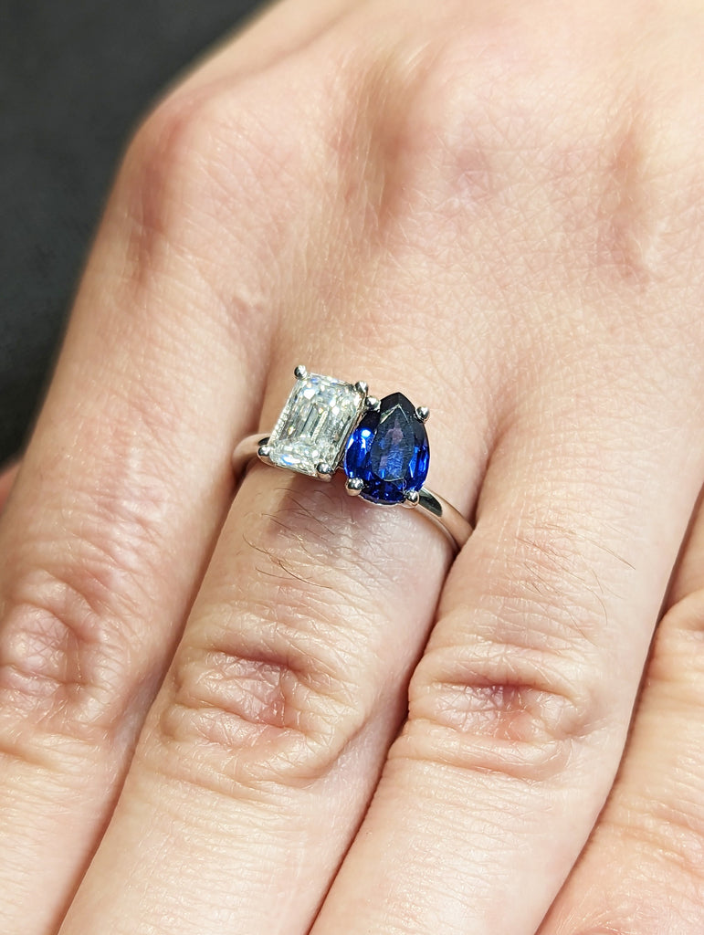 1 Carat Double Stone Engagement Ring Pear Cut Blue Sapphire and Emerald Cut Moissanite Two Stone Wedding Ring 14K Solid Gold Toi Et Moi Ring