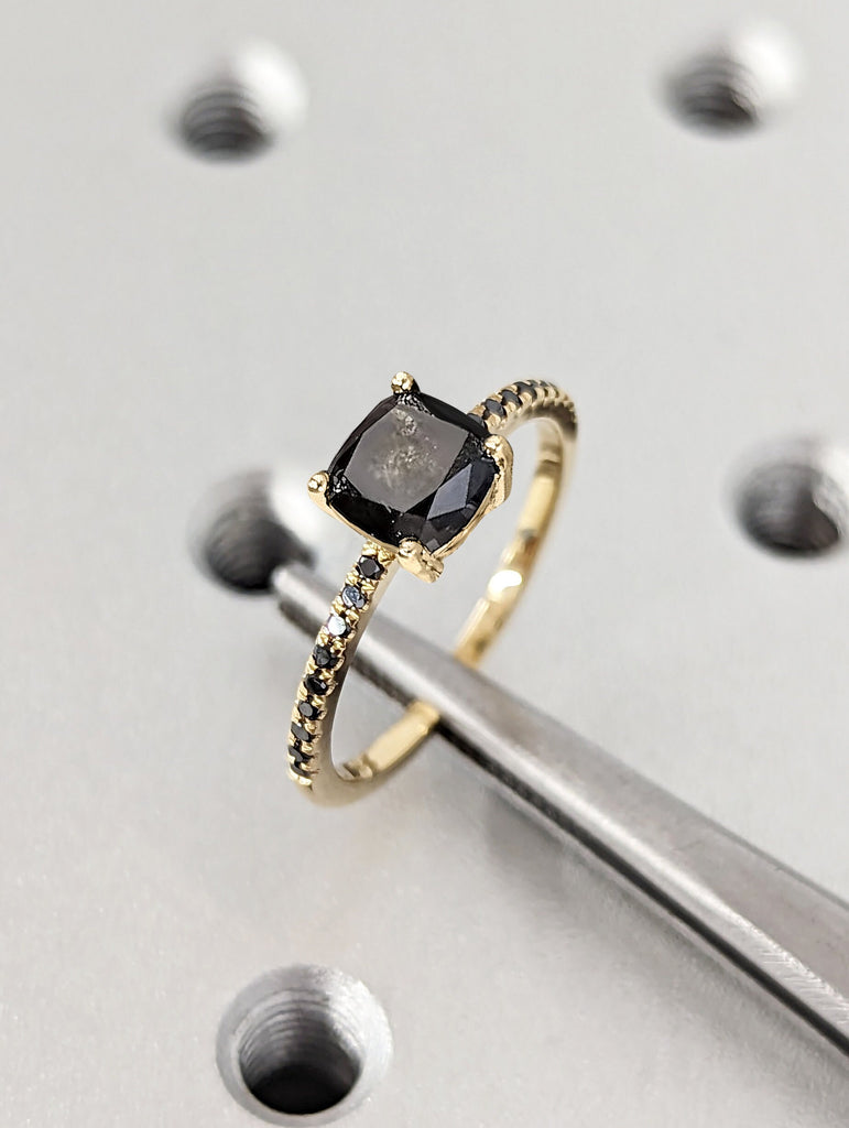 1920's Raw Salt and Pepper Diamond, Vintage Cushion Cut Diamond Ring, Unique Engagement Bridal Set, Gray Pear, Black/Yellow/Rose/White Gold