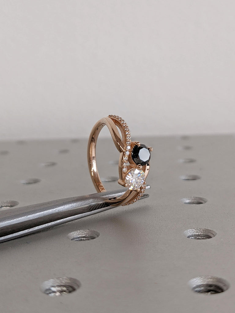 Double Stone Moissanite Salt and Pepper Diamon 14K Rose Gold Wedding Anniversary Ring