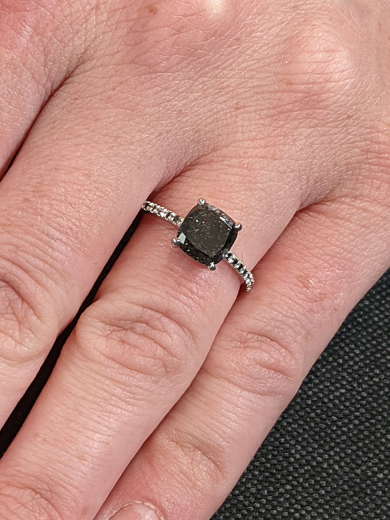 Cushion cut Salt and Pepper Black Diamond 14K White Gold Wedding Anniversary Ring