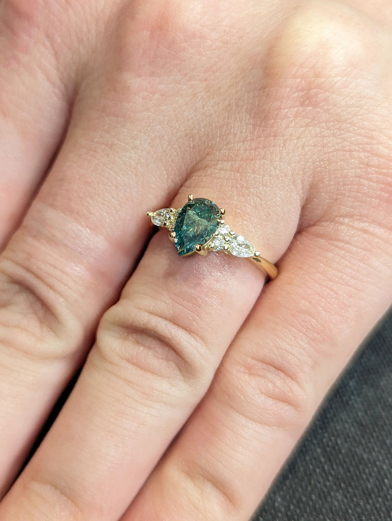 Eco Friendly 1ct Pear cut Green Moissanite 14K Yellow Gold Prosperity Statement Ring