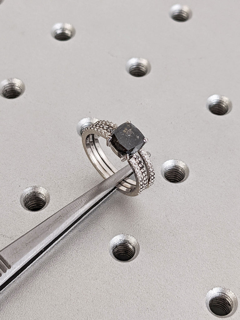 1.5ct Cushion cut Salt and Pepper Black Diamond Engagement Ring Set 14K White Gold Ombre Diamond Open Band