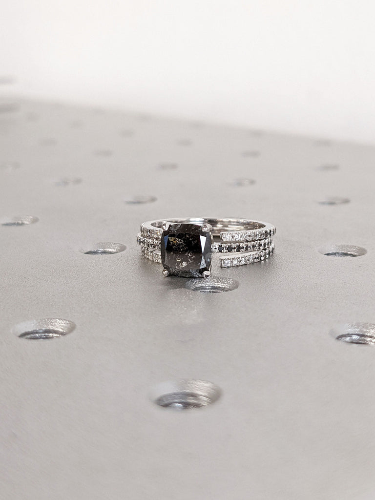 1.5ct Cushion cut Salt and Pepper Diamond Engagement Ring Set 14K White Gold Ombre Diamond Ring