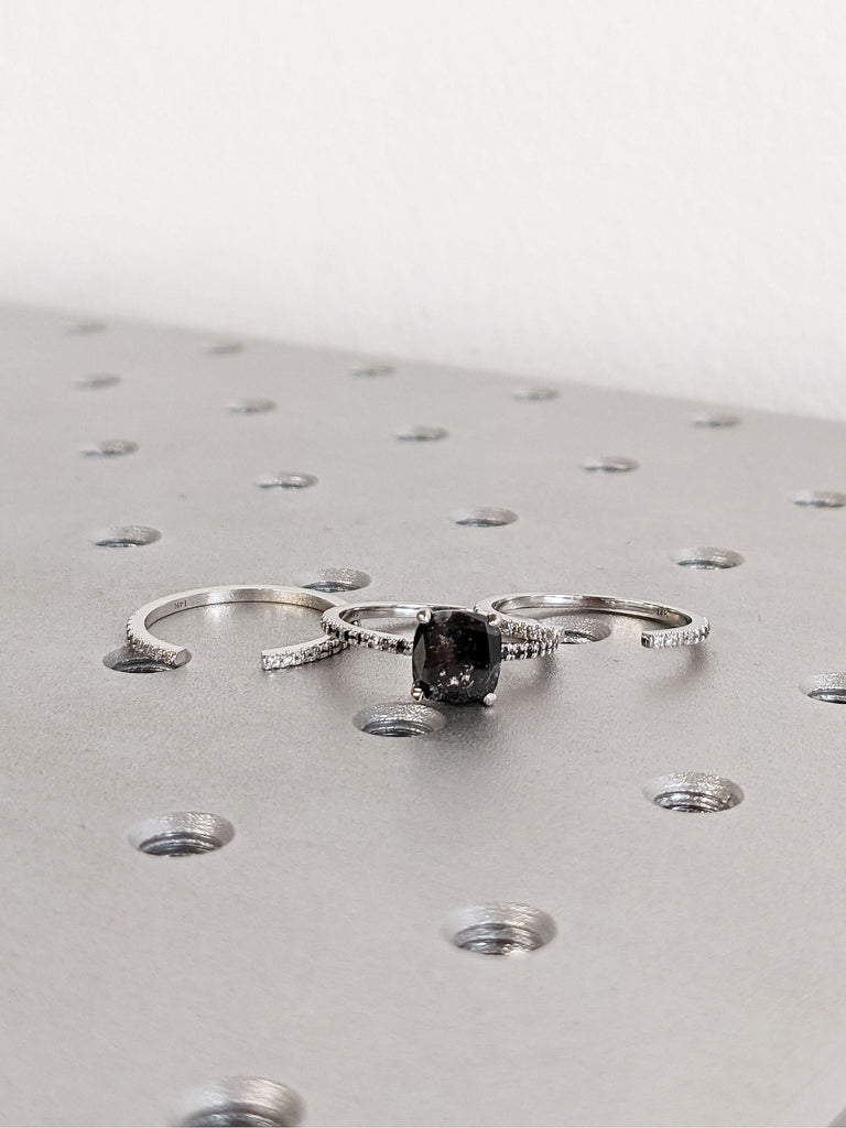 1.5ct Cushion cut Salt and Pepper Diamond Wedding Ring Set 14K White Gold Ombre Diamond Open Band