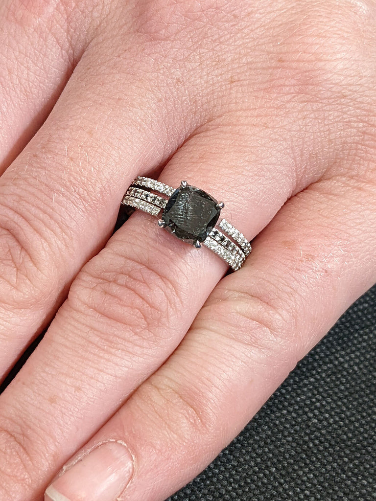 Cushion cut Salt and Pepper Black Diamond 14K White Gold Wedding Anniversary Ring