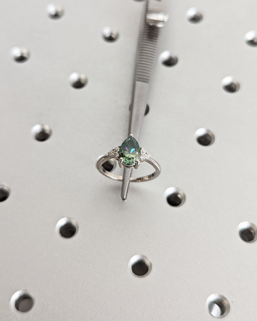 Pear Green Moissanite Engagement Ring, Heavenly Wedding Ring, Cyan Blue Moissanite Ring, Ring for Women, Anniversary Gift Ring, Cluster Ring