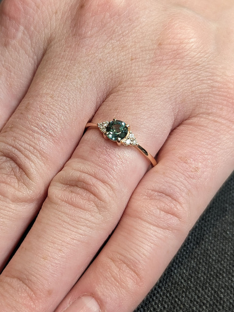 Round Teal Sapphire Proposal Ring 14K Rose Gold Moissanite Cluster