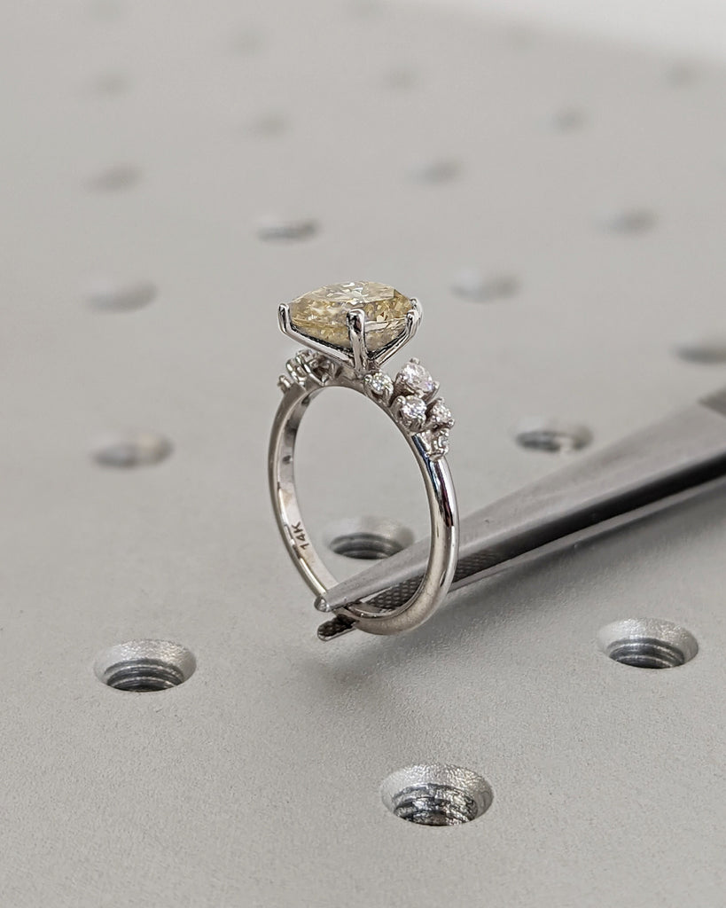 Colored Moissanite Engagement, Champagne Moissanite Ring, Vintage Yellow Pear Engagement Ring, Yellow Color Moissanite Snowdrift 6 Prong Set