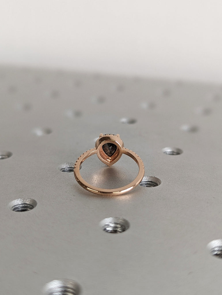 1.5ct Pear cut Salt and Pepper Diamond Engagement Ring | 18K Rose Gold Diamond Halo Promise Ring | Custom 1920s Galaxy Diamond Band for Her