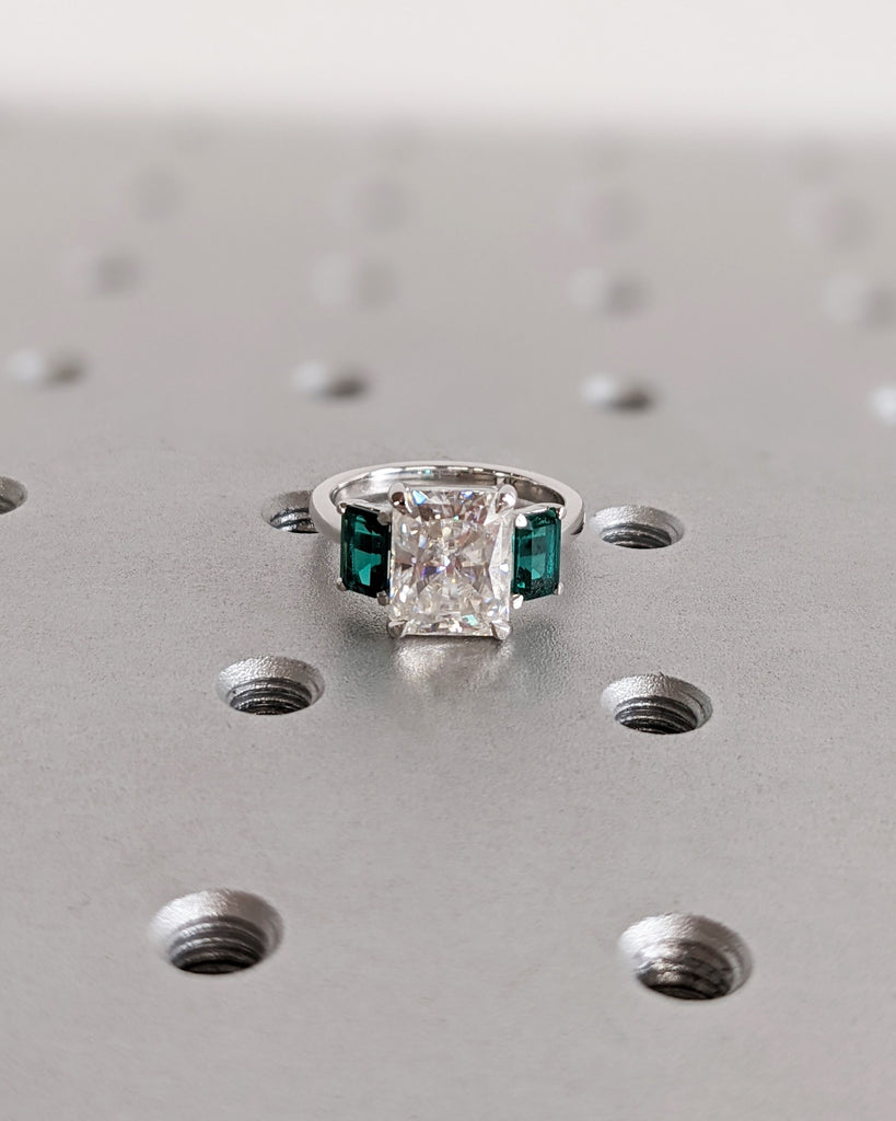 Radiant Cut Moissanite Three Stone Engagement Ring, Emerald Cut Green Emerald, Radiant Cut Ring, Trellis Setting, Moissanite Engagement Ring