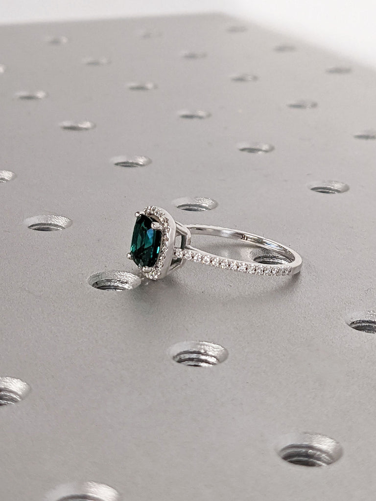 6.5mm Cushion cut Lab Emerald Diamond Halo Engagement Ring 14K White Gold