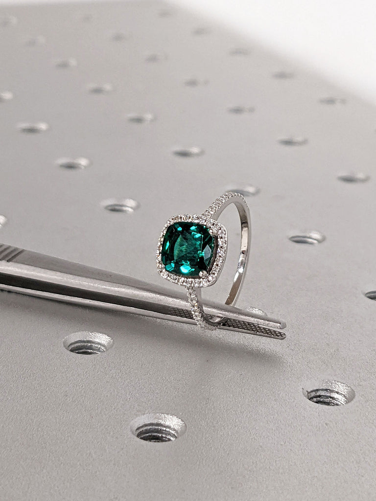 1ct Cushion cut Lab Emerald Moissanite Halo Proposal Ring 14K White Gold