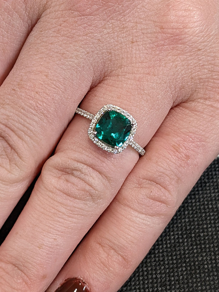 1ct Cushion cut Lab Emerald Moissanite Halo 14K White Gold Wedding Anniversary Ring
