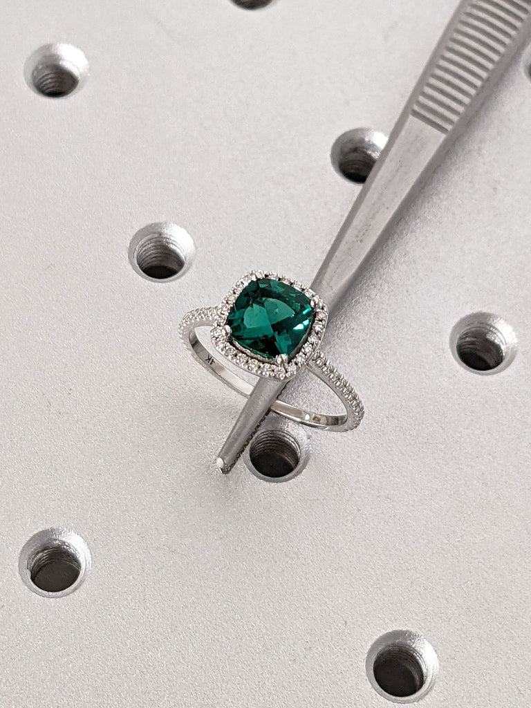 1ct Cushion cut Lab Emerald 14K White Gold May Birthstone Ring