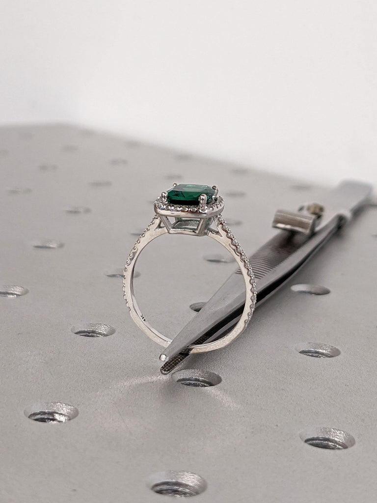 6.5mm Cushion cut Lab Emerald Moissanite Halo Engagement Ring 14K White Gold