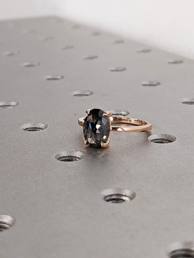 2ct Oval Salt and Pepper Diamond Solitaire Promise Ring 14K Rose Gold Talon Prong