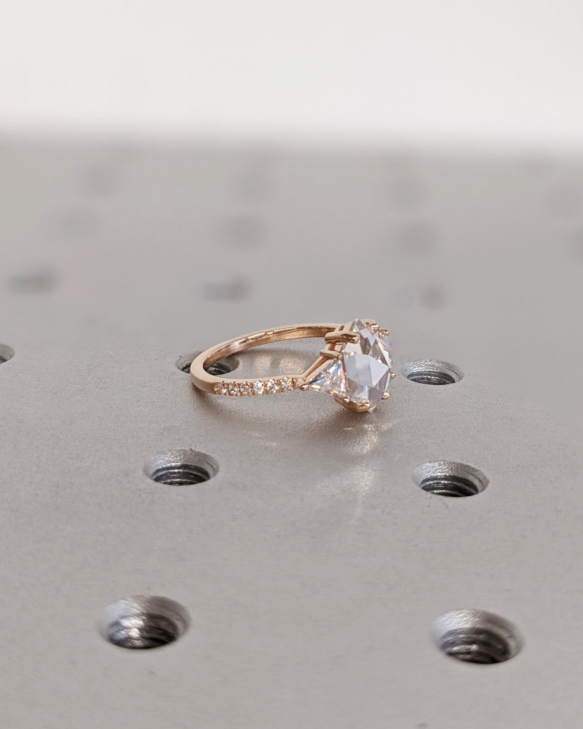 Promise Gift For Her, Unique Hexagon Moissanite Engagement Ring, 14K Rose Gold, Geometric Diamond, Side Stone Ring, Delicate Wedding Ring