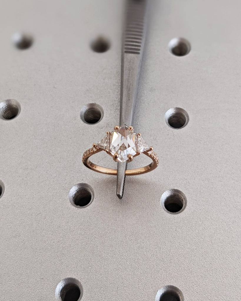 Promise Gift For Her, Unique Hexagon Moissanite Engagement Ring, 14K Rose Gold, Geometric Diamond, Side Stone Ring, Delicate Wedding Ring