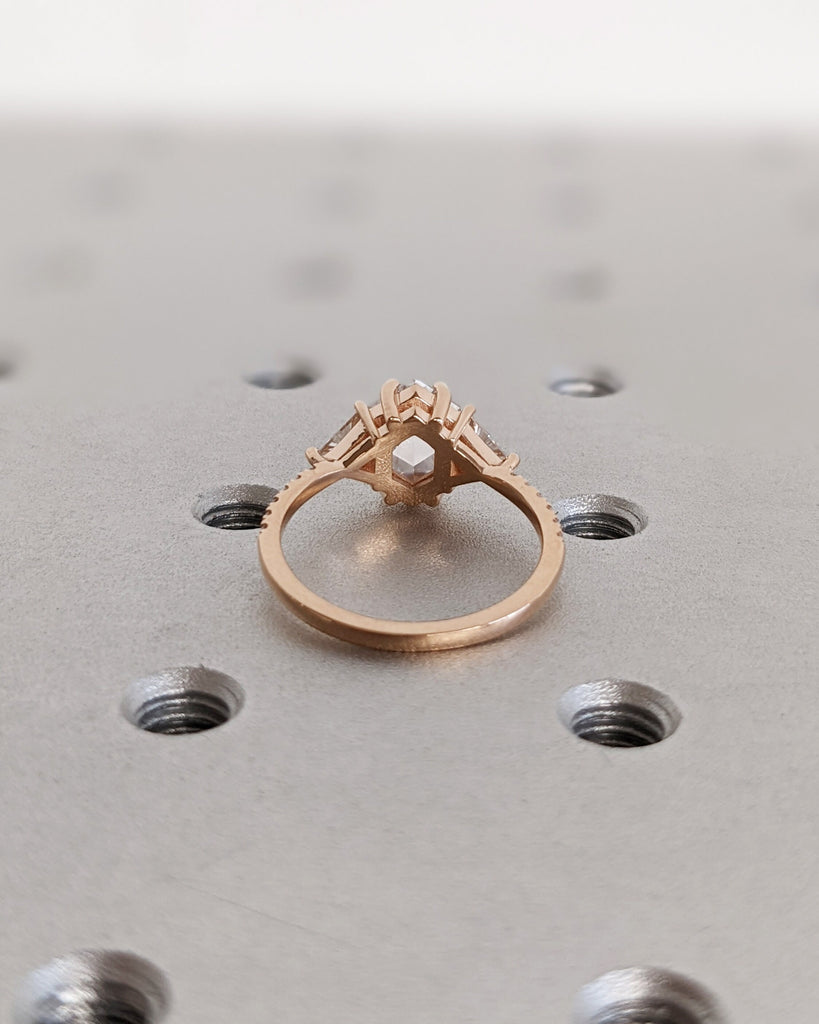 Promise Gift For Her, Unique Hexagon Moissanite Engagement Ring, 14K Rose Gold, Geometric Diamond, Side Stone Ring, Delicate Wedding Ring