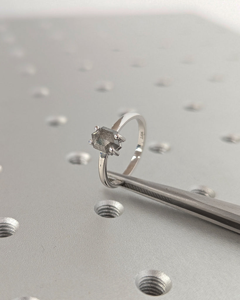 Raw Diamond Hexagon Diamond, Salt and Pepper, Unique Engagement Ring, Geometric Diamond Ring, 14k Gold, Custom Handmade, Classic Solitaire image #1