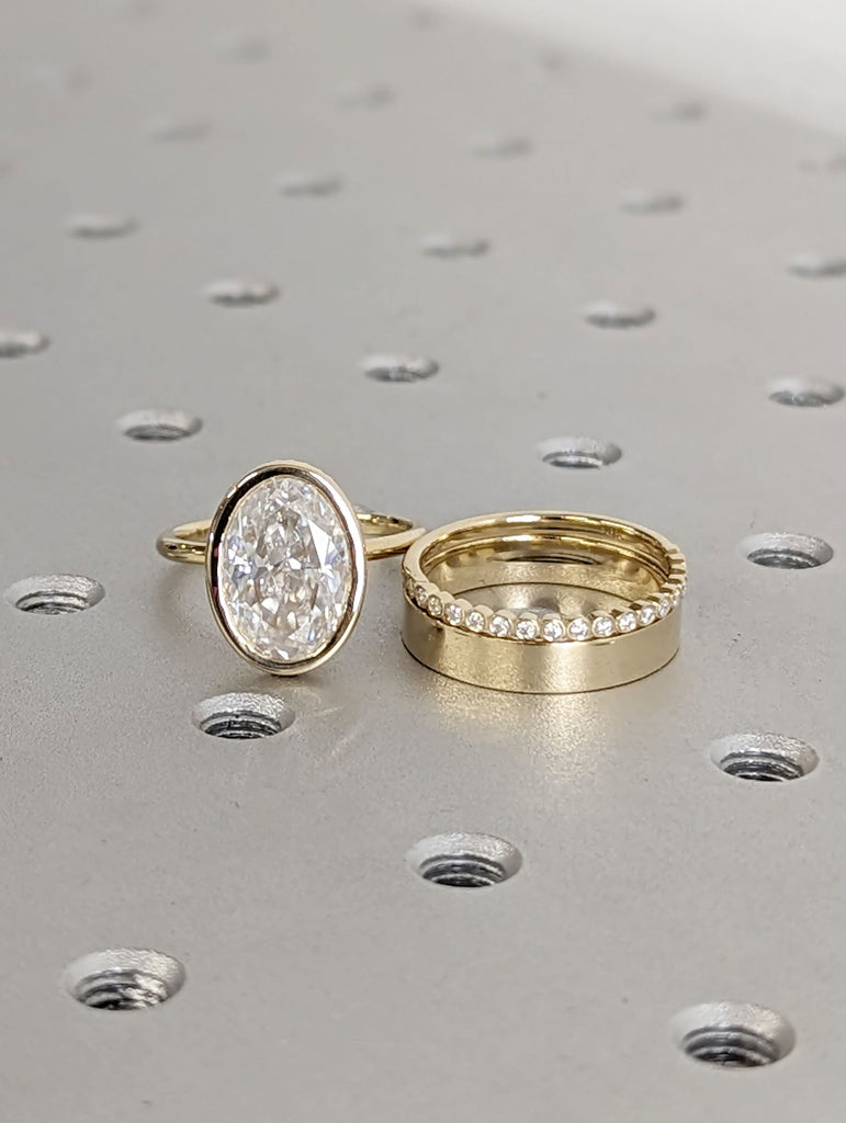 14K Yellow Gold Moissanite Hidden Halo 3 Ring Wedding Jewellery Set
