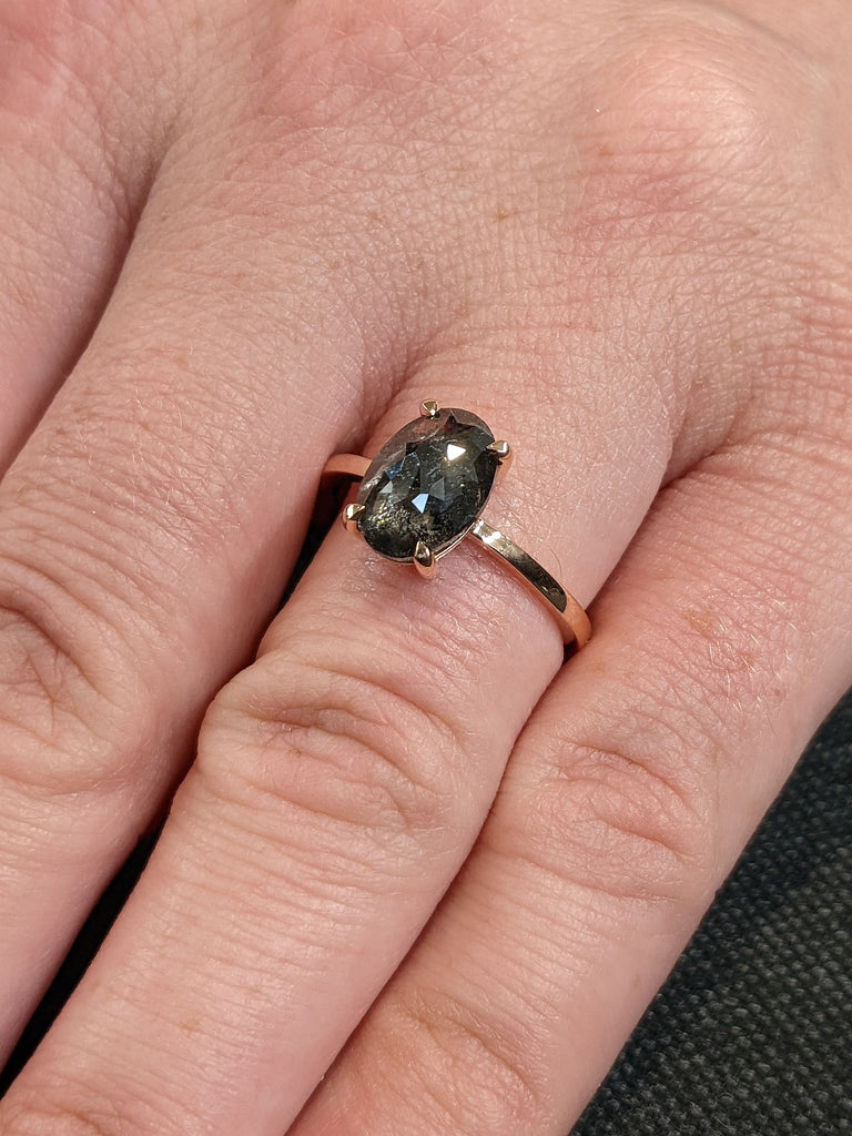 2ct Oval Salt and Pepper Diamond Solitaire 14K Rose Gold Talon Prong Wedding Ring