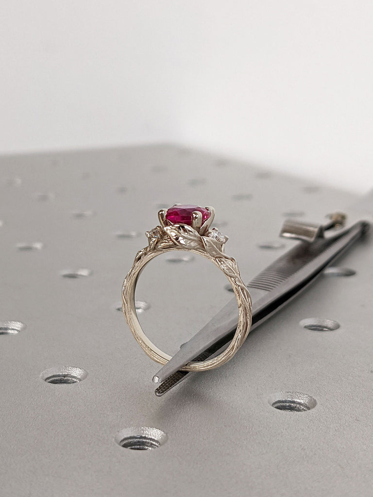 Nature Inspired 1.5ct Round Lab Ruby Wedding Anniversary Ring 14K White Gold Lily Flower Twigs