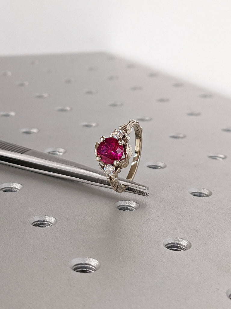 Vintage Nature Inspired 1.5ct Round Lab Ruby 14K White Gold Twig and Leaves Engagement Ring