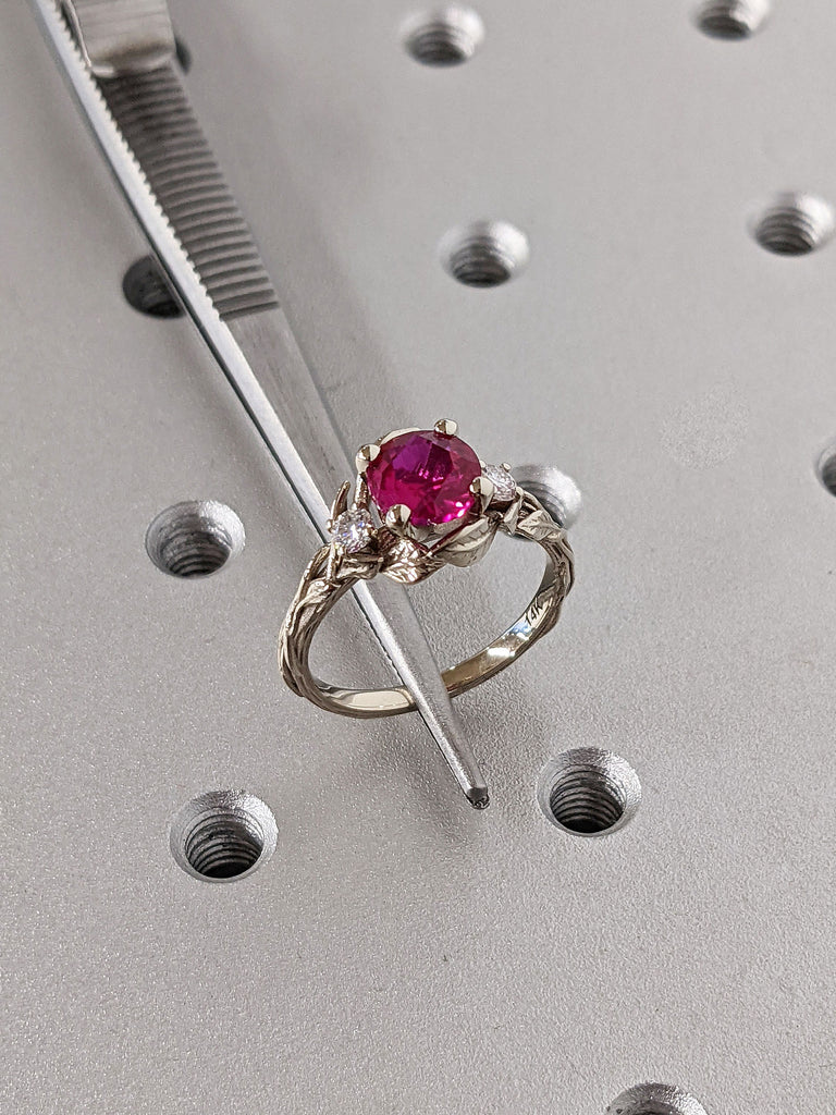 Nature Inspired 1.5ct Round Lab Ruby Promise Ring 14K White Gold Leaf Twigs Engraving