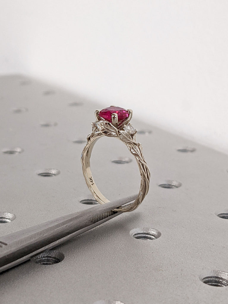 Vintage Nature Inspired 1.5ct Round Lab Ruby 14K White Gold Twig and Leaves Proposal Ring