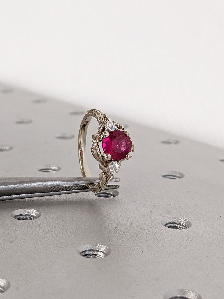 1.5ct Round Lab Ruby Engagement Ring 14K White Gold Vintage Twigs and Leaf Wedding Band