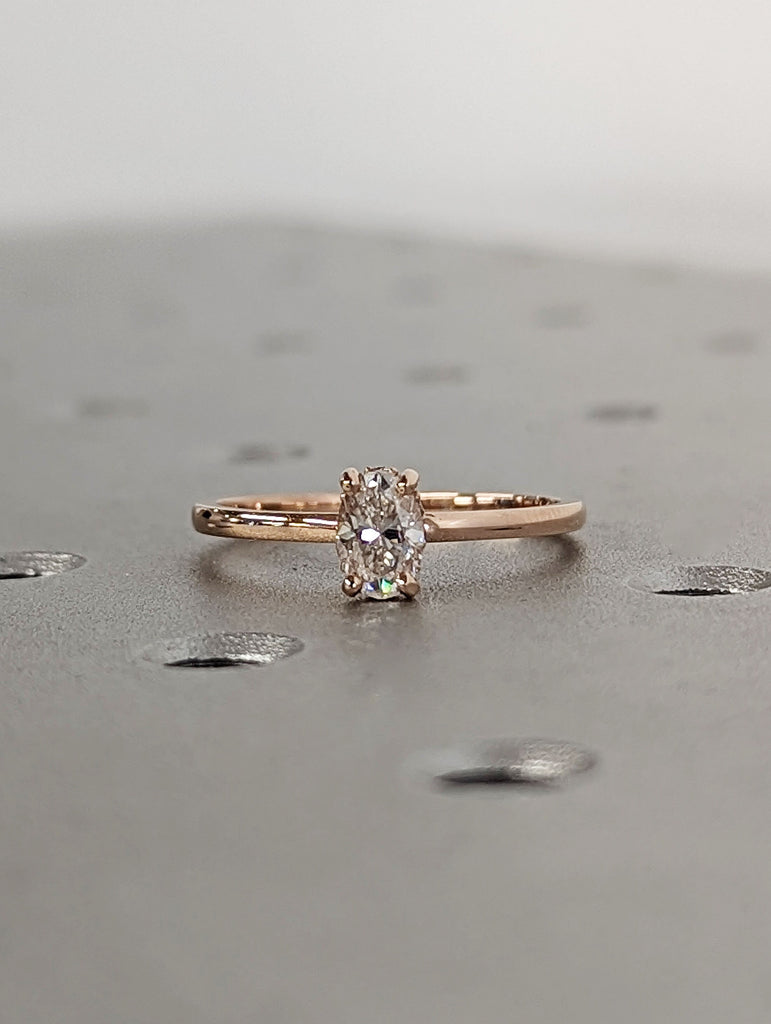 0.5ct Oval Crush Ice Moissanite Solitaire Promise Ring | 14K Rose Gold Diamond Hidden Halo Engagement Ring | Unique Wedding Anniversary Ring