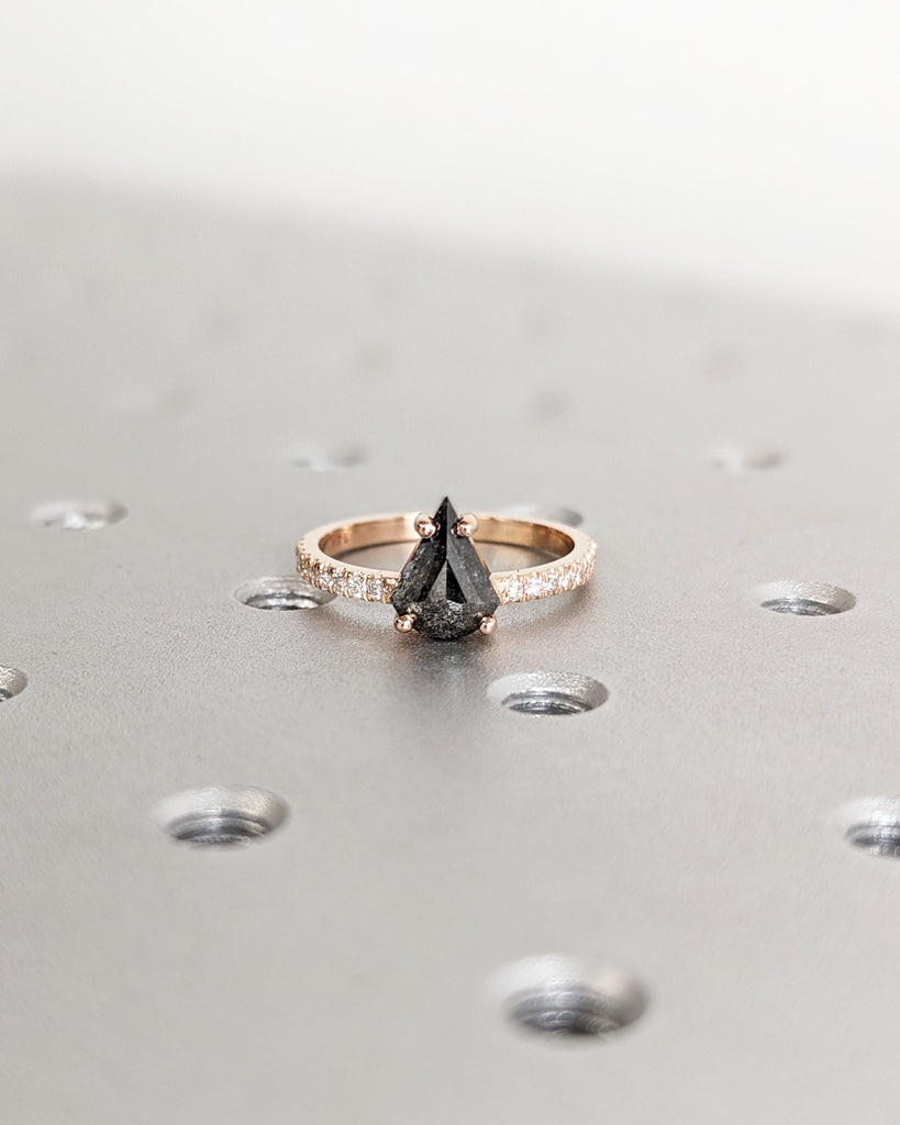 Raw Diamond Fan Cut Diamond, Salt and Pepper, Unique Engagement Ring, Rose Gold Geometric Diamond Ring, 14k Gold, Custom Handmade, Hammered