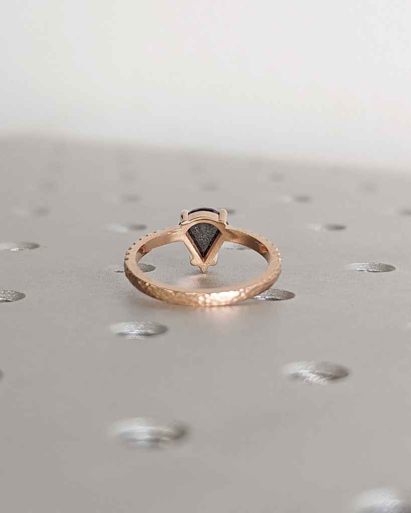 Raw Diamond Fan Cut Diamond, Salt and Pepper, Unique Engagement Ring, Rose Gold Geometric Diamond Ring, 14k Gold, Custom Handmade, Hammered